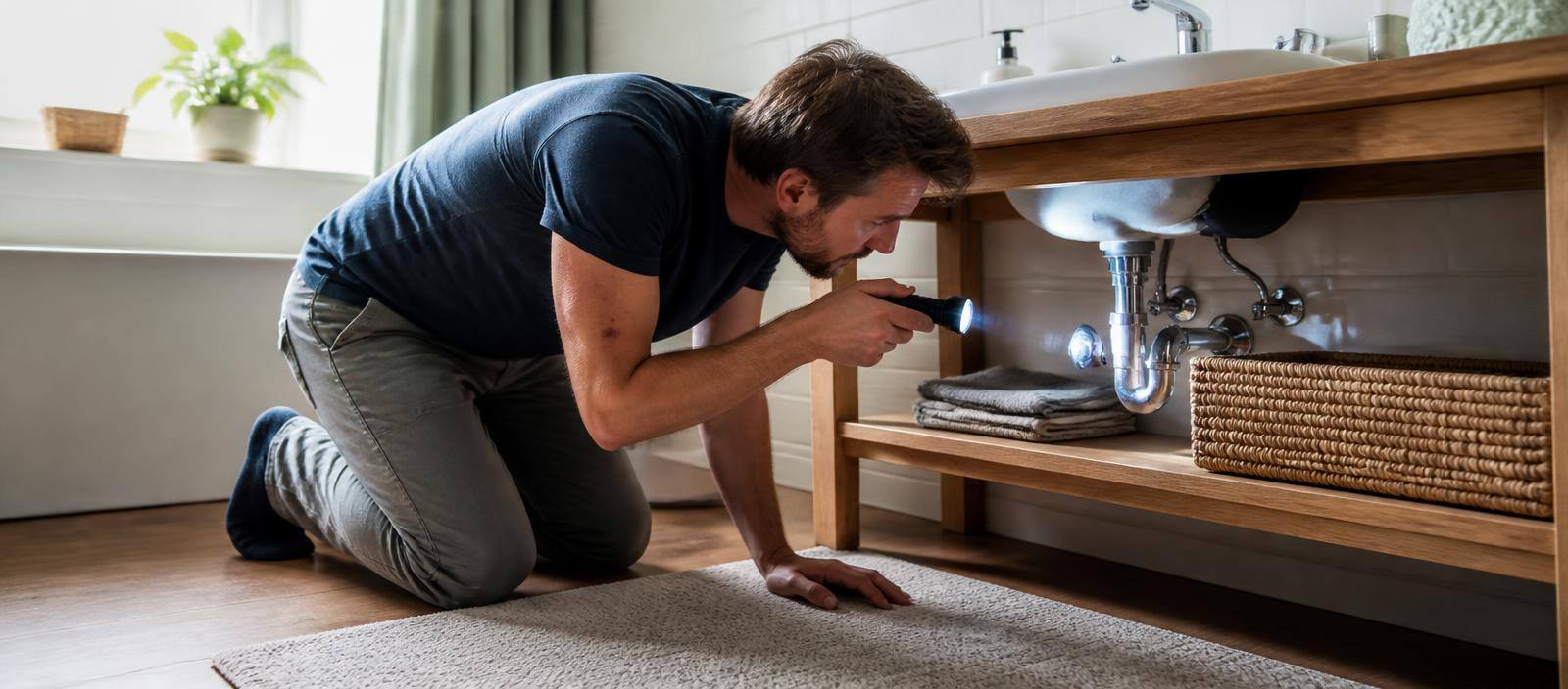 Bewoner die met een zaklamp de afvoer onder de wastafel bekijkt