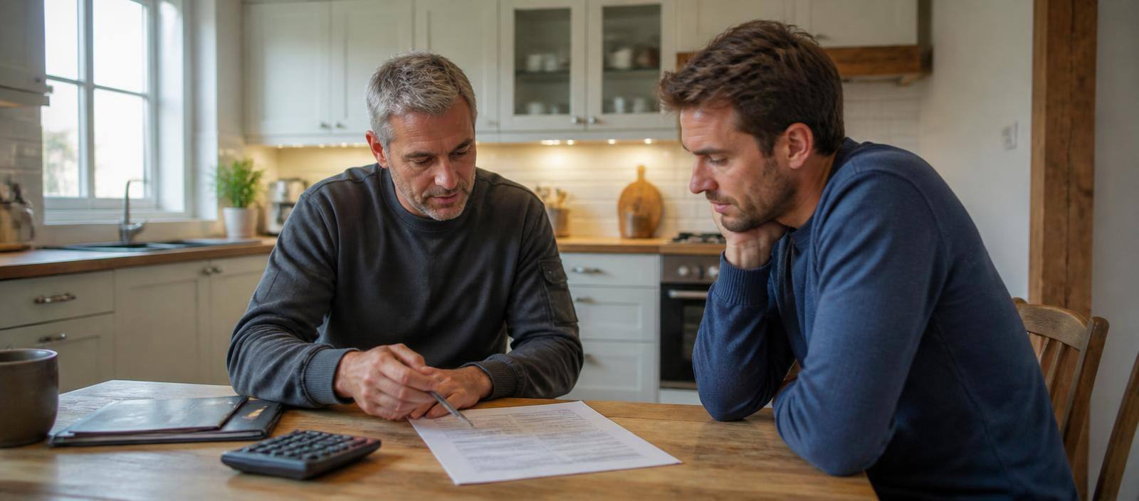 Vakman die samen met een bewoner een offerte overloopt aan de keukentafel