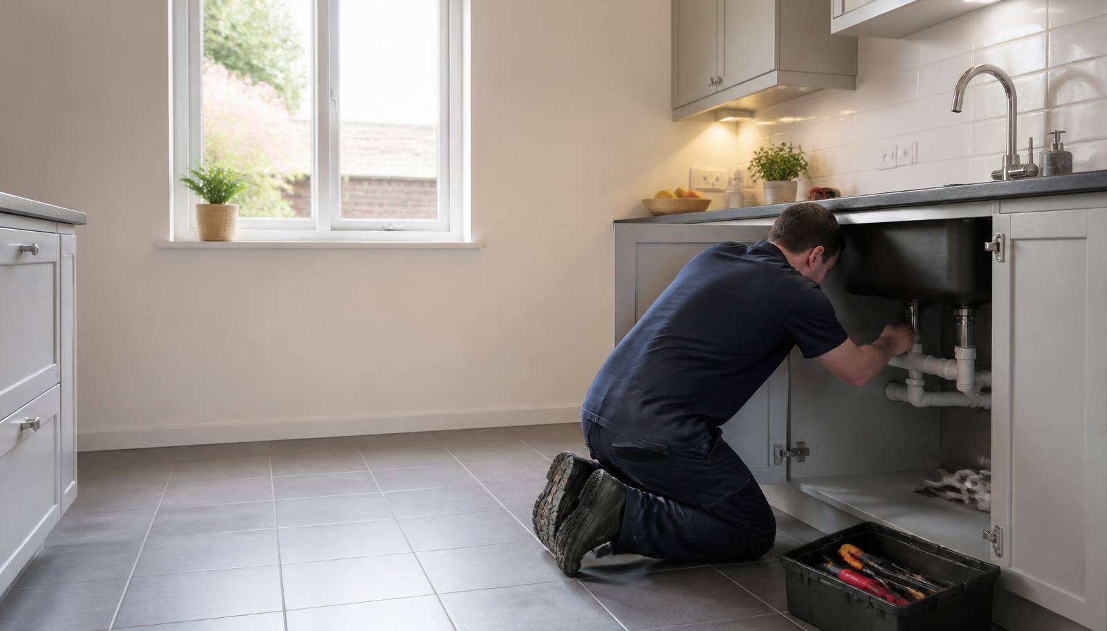 Loodgieter aan het werk onder de gootsteen in een lichte keuken