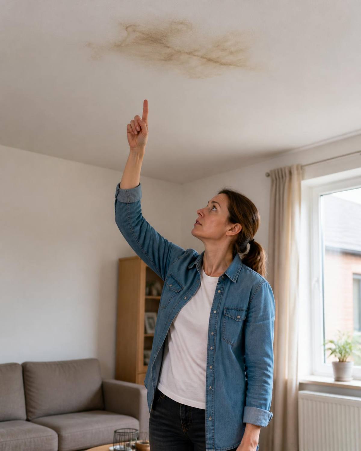 Bewoner wijst naar een vochtplek op het plafond in de woonkamer