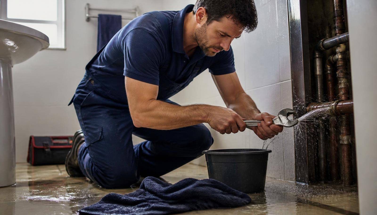 Loodgieter herstelt een gesprongen waterleiding in een badkamer