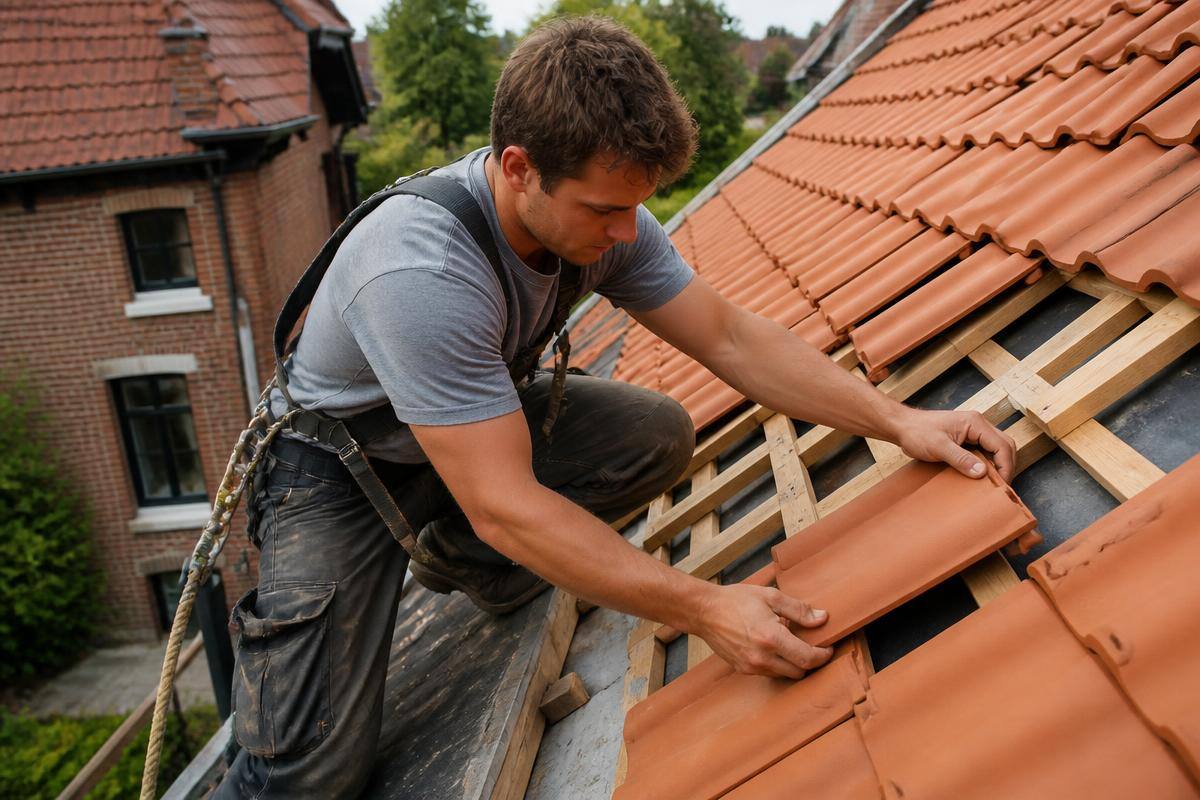 Dakwerker die dakpannen legt op een hellend dak