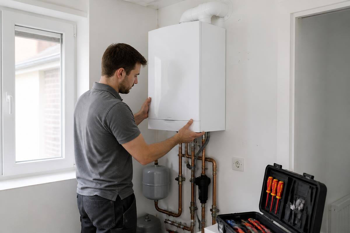 Technicus die een nieuwe condensatieketel aan de muur plaatst