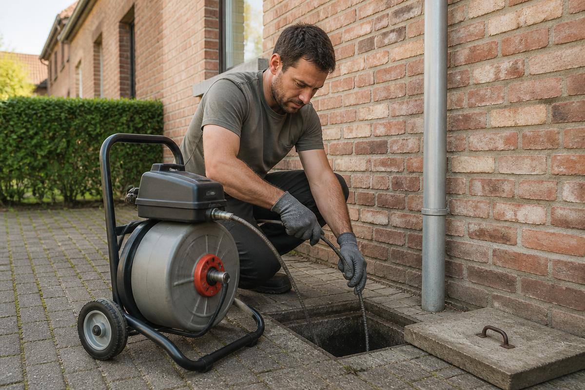 Vakman die een buitenput ontstopt met een ontstoppingsmachine