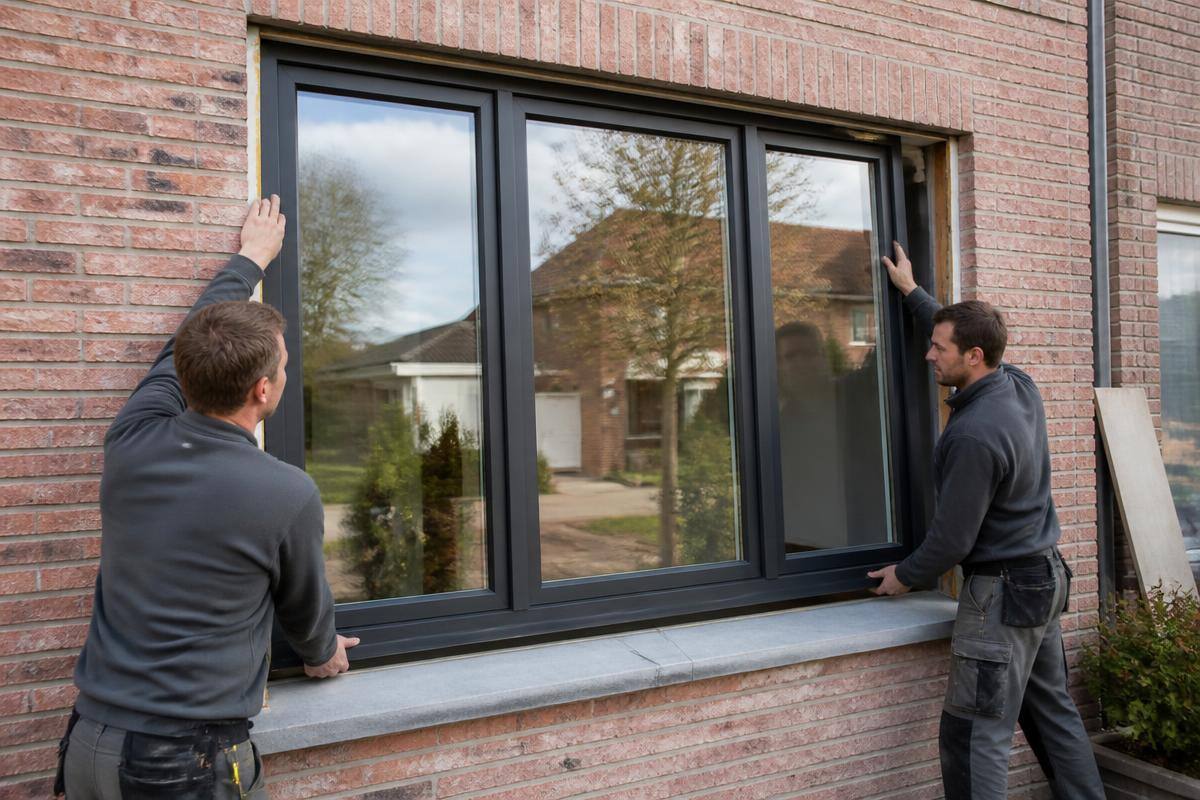 Twee vakmannen die een nieuw raamkader in een gevel plaatsen
